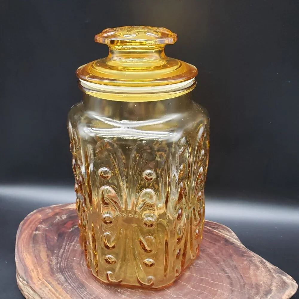 Vintage Federal Glass Show Off Amber Large Canister w Lid 8 7/8”